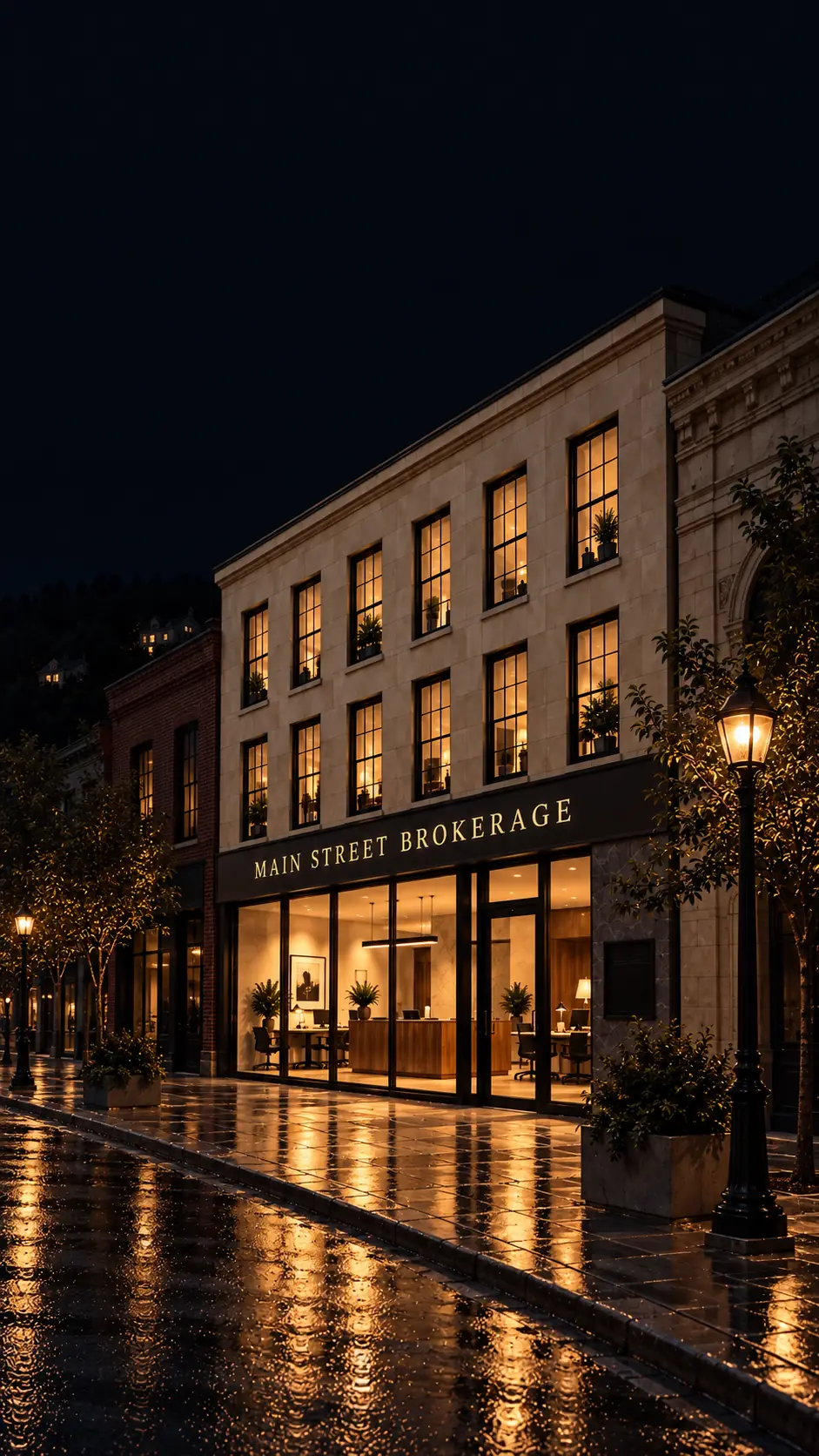 Main Street Brokerage at night, seen from down the sidewalk, with every light on