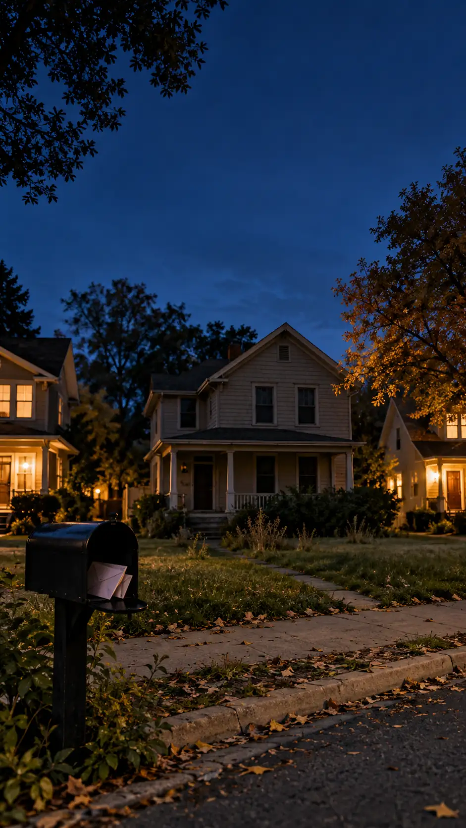 A tree-lined street at dusk, the neighbors’ windows lit, one quiet house with dark windows and a full mailbox